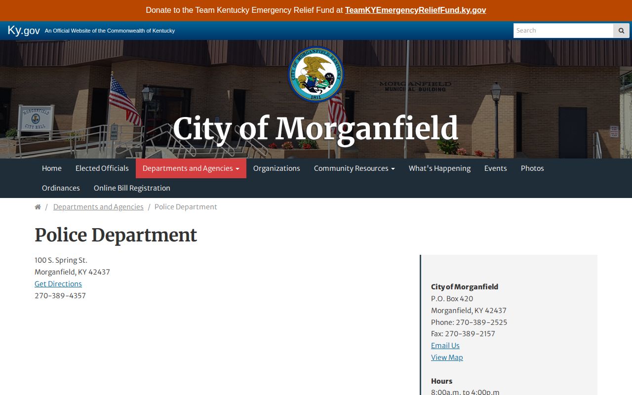 Official Morganfield Police Department webpage with city police contact information