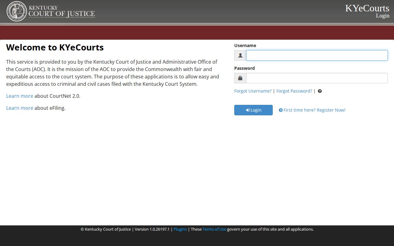Kentucky CourtNet guest case search page for checking Union County court records
