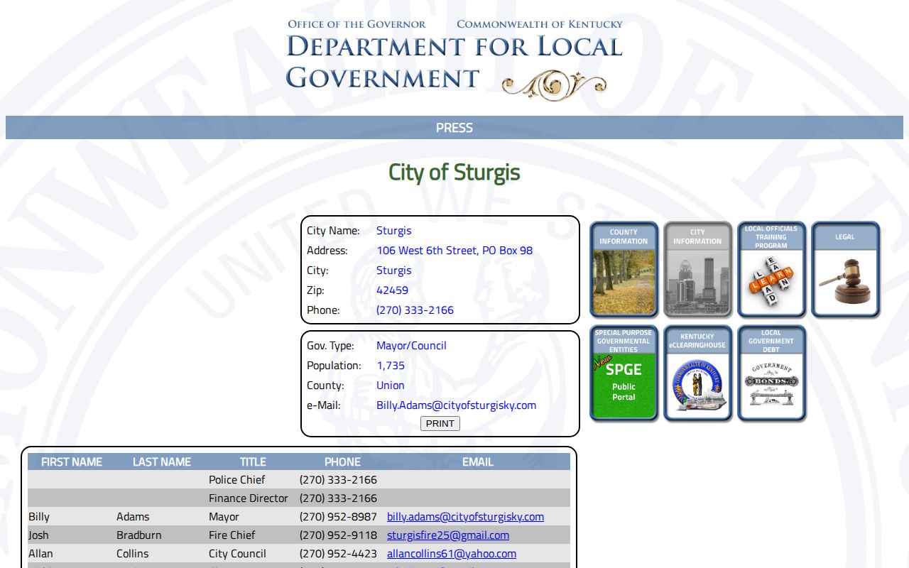 Kentucky Department for Local Government official Sturgis city information page