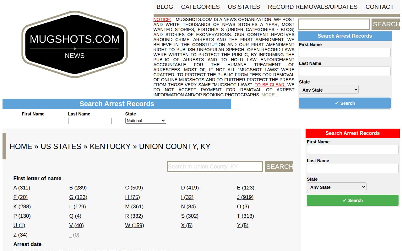 Archived unofficial Union County booking-record section on Mugshots.com